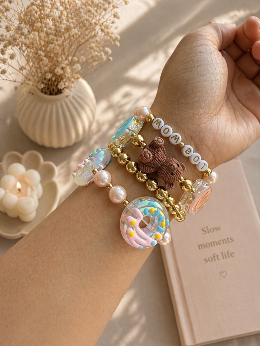 Handmade CHUNKY Bracelet Set - Pink & Gold